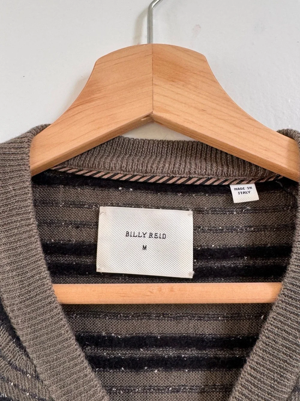 Billy Reid Boucle Crew Sweater M Olive Black Stripe Silk Cashmere Italy EUC